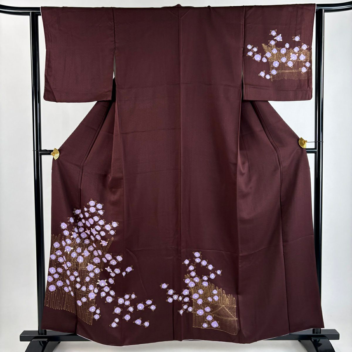 付下 身長158.5cm 袖長62.5cm S 雙層 草花紋紋 柴垣 金銀彩 絞染 茶紫 純蠶絲 優品級