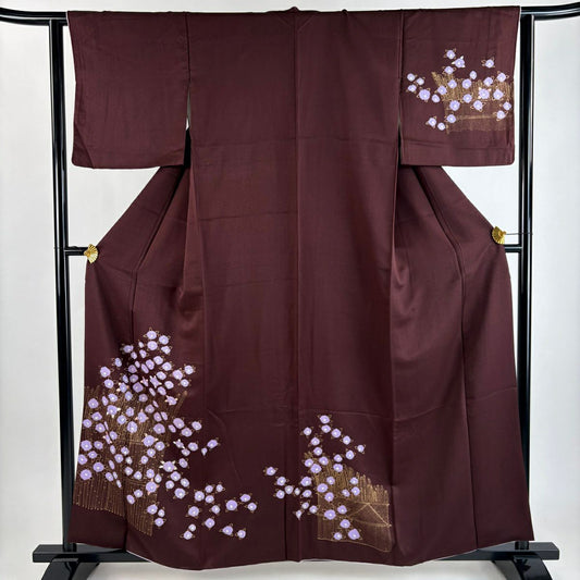 付下 身長158.5cm 袖長62.5cm S 雙層 草花紋紋 柴垣 金銀彩 絞染 茶紫 純蠶絲 優品級