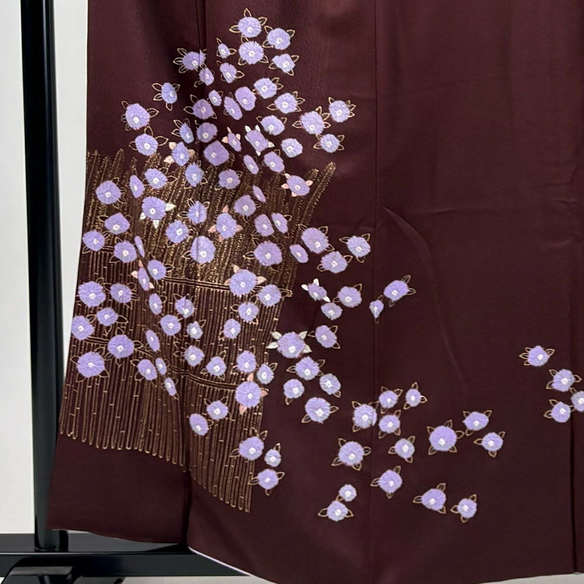 付下 身長158.5cm 袖長62.5cm S 雙層 草花紋紋 柴垣 金銀彩 絞染 茶紫 純蠶絲 優品級
