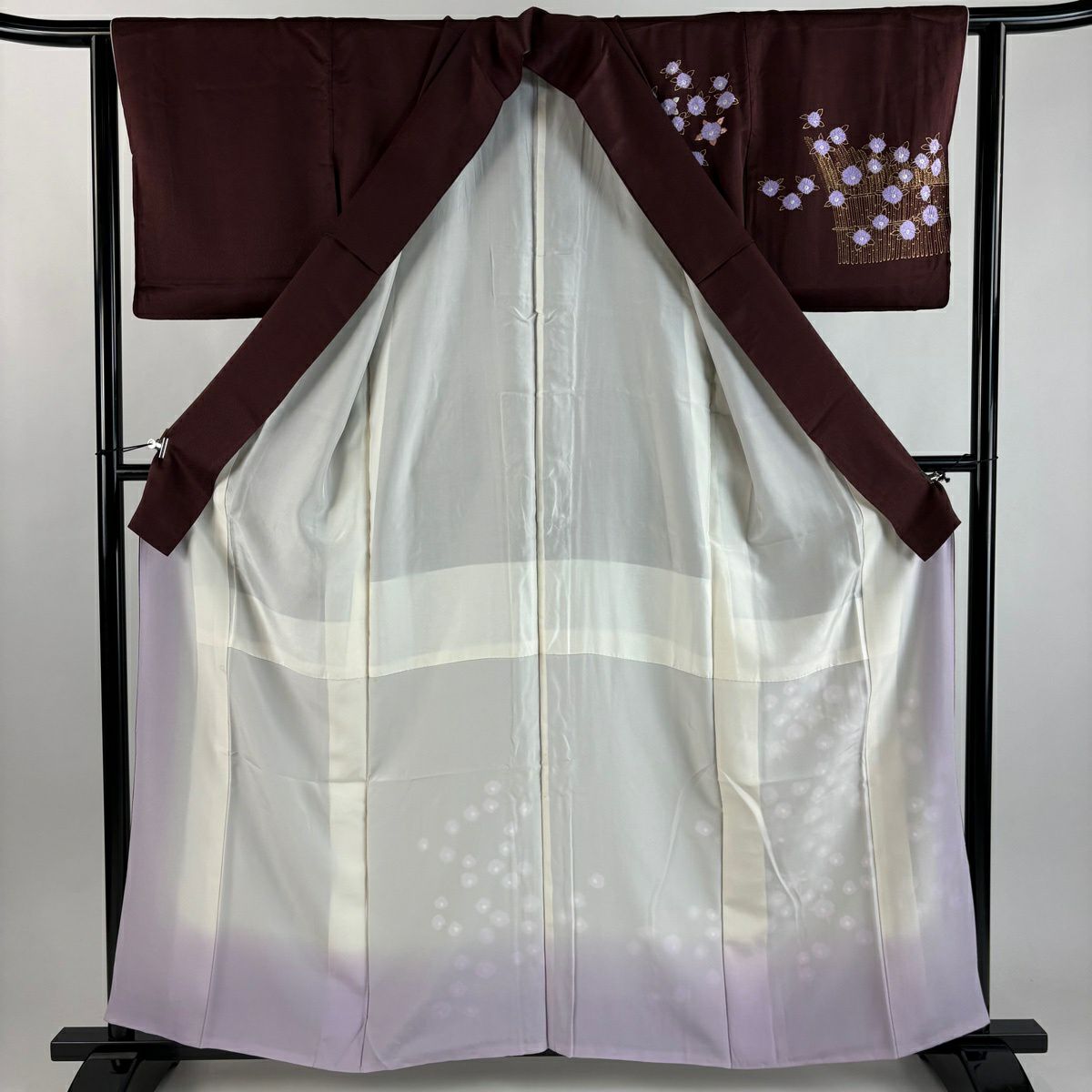 付下 身長158.5cm 袖長62.5cm S 雙層 草花紋紋 柴垣 金銀彩 絞染 茶紫 純蠶絲 優品級