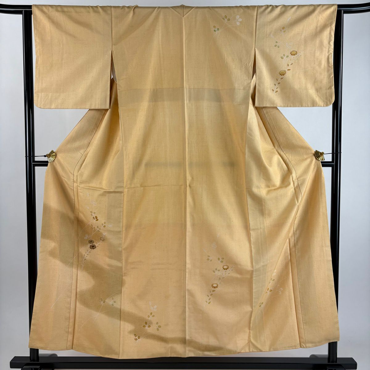 付下 身長155cm 袖長64cm M 雙層 紬織織 萩 菊花 刺繡 淺橙色 純蠶絲 優品級