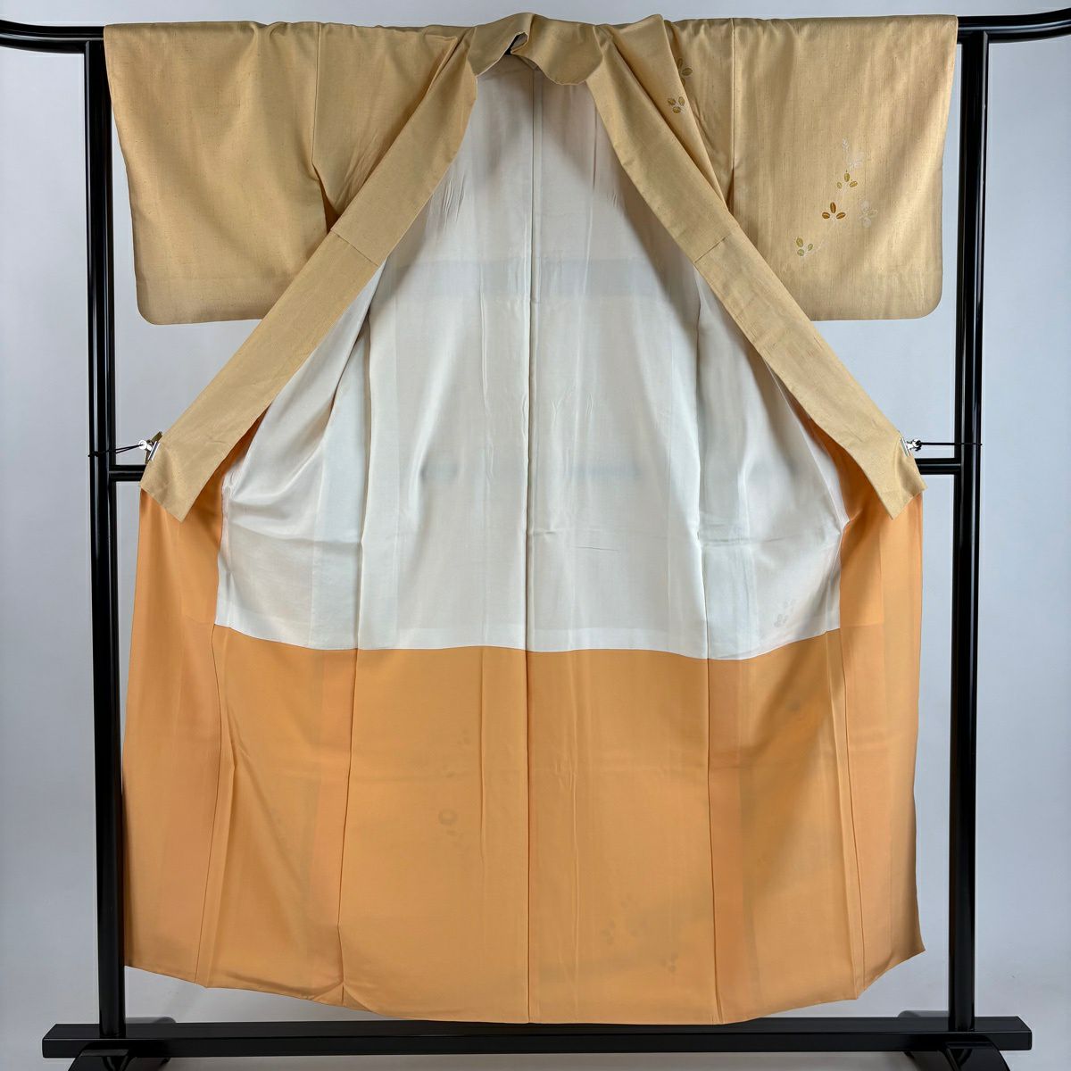 付下 身長155cm 袖長64cm M 雙層 紬織織 萩 菊花 刺繡 淺橙色 純蠶絲 優品級