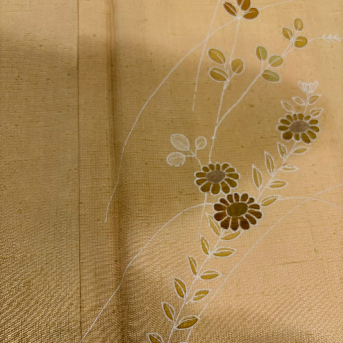 付下 身長155cm 袖長64cm M 雙層 紬織織 萩 菊花 刺繡 淺橙色 純蠶絲 優品級