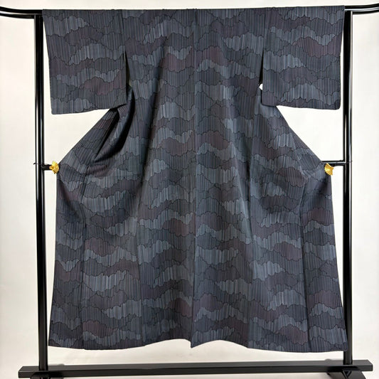 【美品】 小紋 身長151cm 袖長64cm M 雙層 雲 縱條紋 青灰 純蠶絲 秀品級