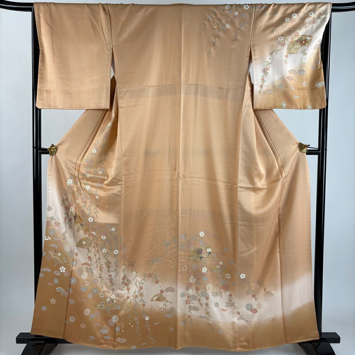 訪問服 身長161cm 袖長67cm M 雙層 扇子子 垂枝櫻 金絲 金銀彩 淺橙色 純蠶絲 優品級