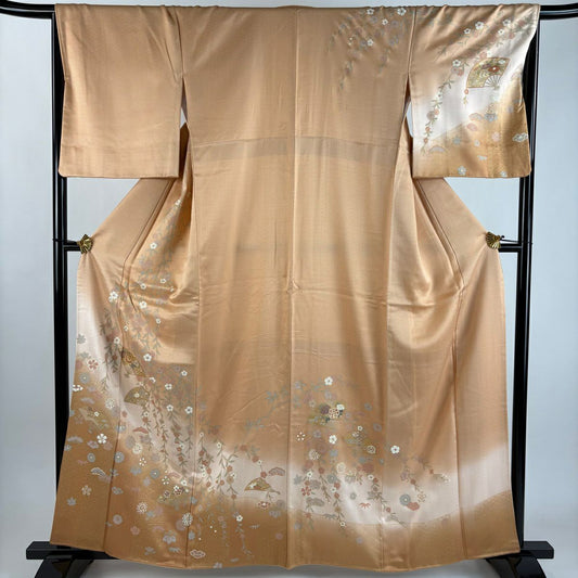 訪問服 身長161cm 袖長67cm M 雙層 扇子子 垂枝櫻 金絲 金銀彩 淺橙色 純蠶絲 優品級