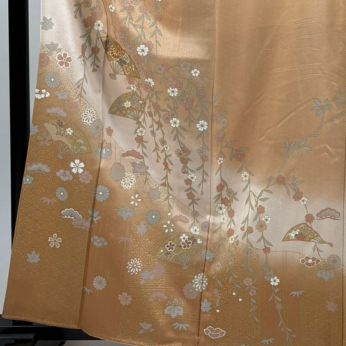 訪問服 身長161cm 袖長67cm M 雙層 扇子子 垂枝櫻 金絲 金銀彩 淺橙色 純蠶絲 優品級