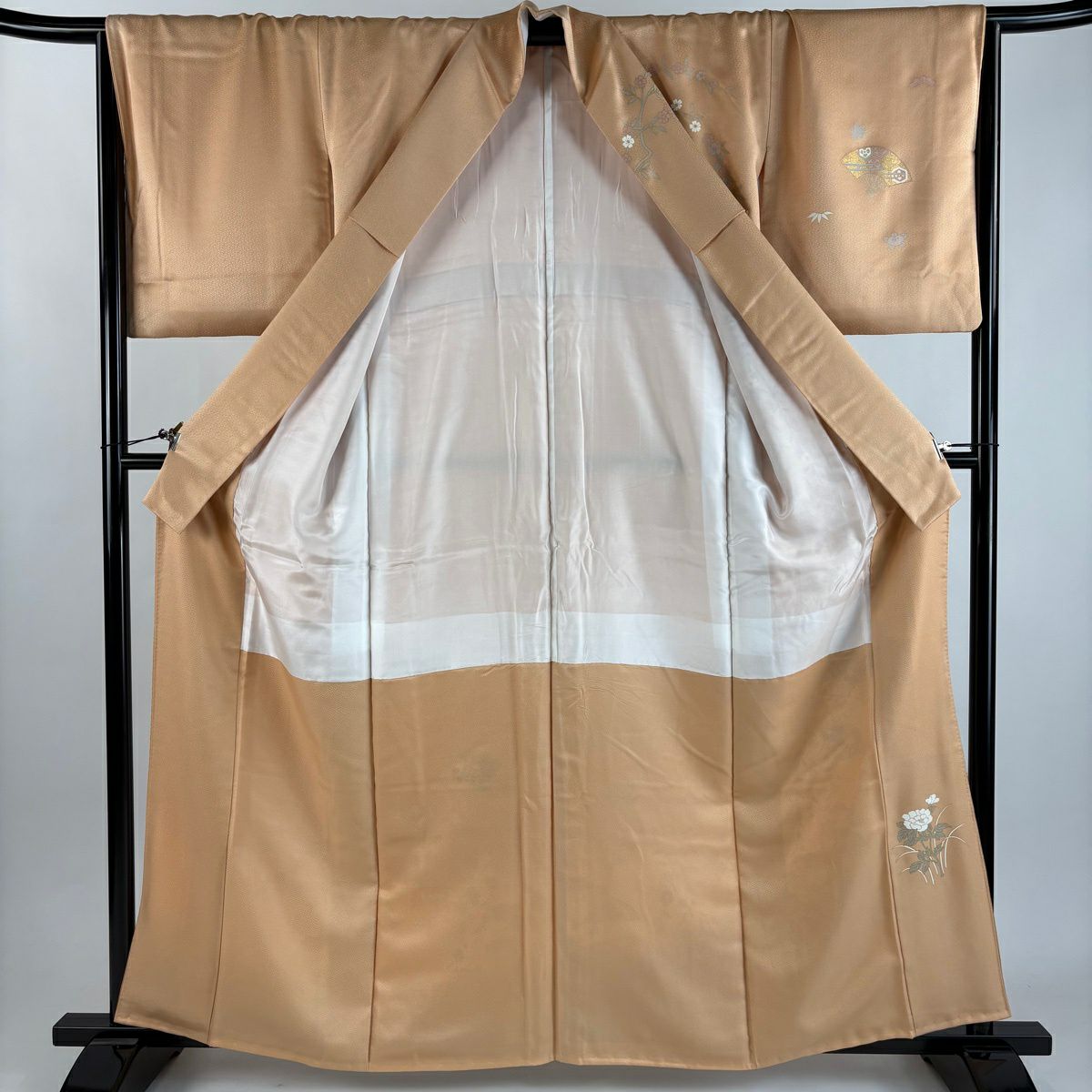 訪問服 身長161cm 袖長67cm M 雙層 扇子子 垂枝櫻 金絲 金銀彩 淺橙色 純蠶絲 優品級