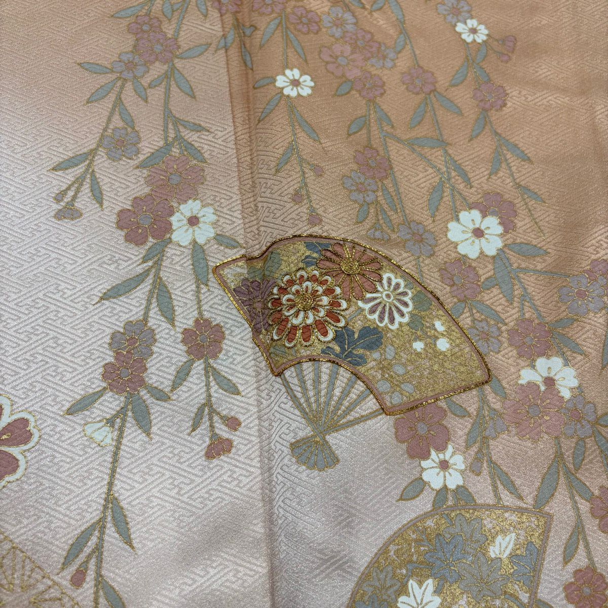 訪問服 身長161cm 袖長67cm M 雙層 扇子子 垂枝櫻 金絲 金銀彩 淺橙色 純蠶絲 優品級