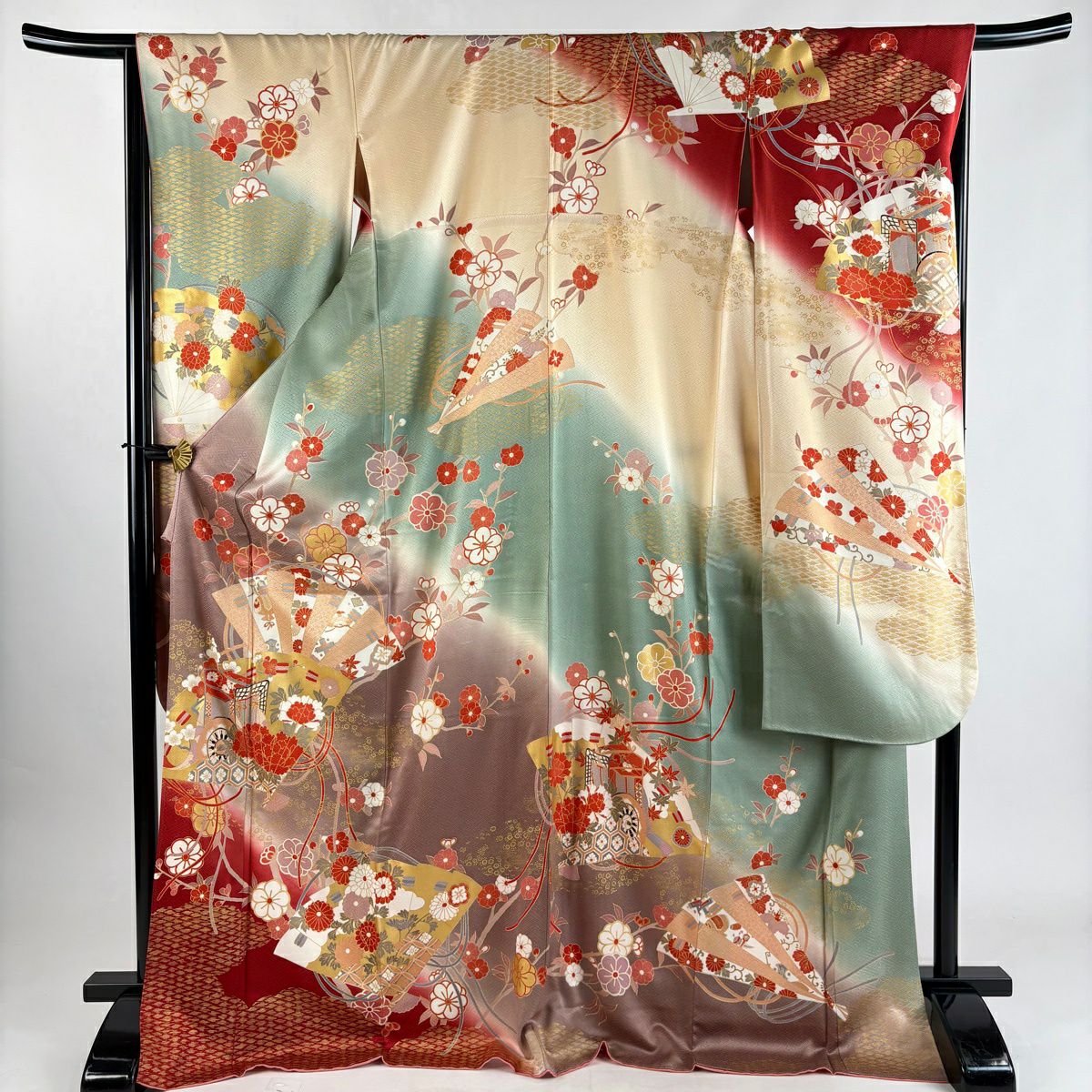 振袖禮服 身長174.5cm 袖長68cm L 雙層 桧扇子 御所車 金銀彩 漸層 紅 純蠶絲 優品級