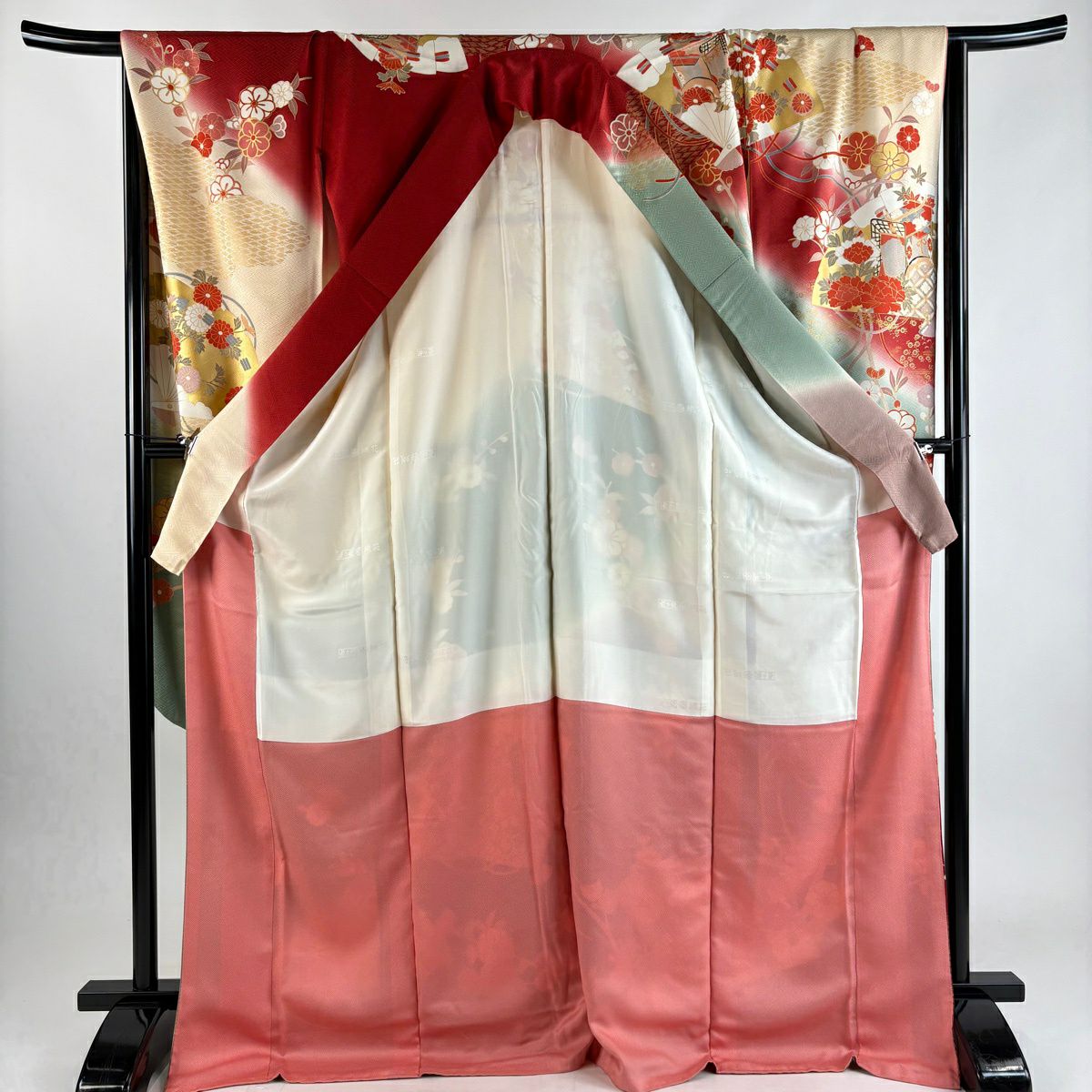 振袖禮服 身長174.5cm 袖長68cm L 雙層 桧扇子 御所車 金銀彩 漸層 紅 純蠶絲 優品級