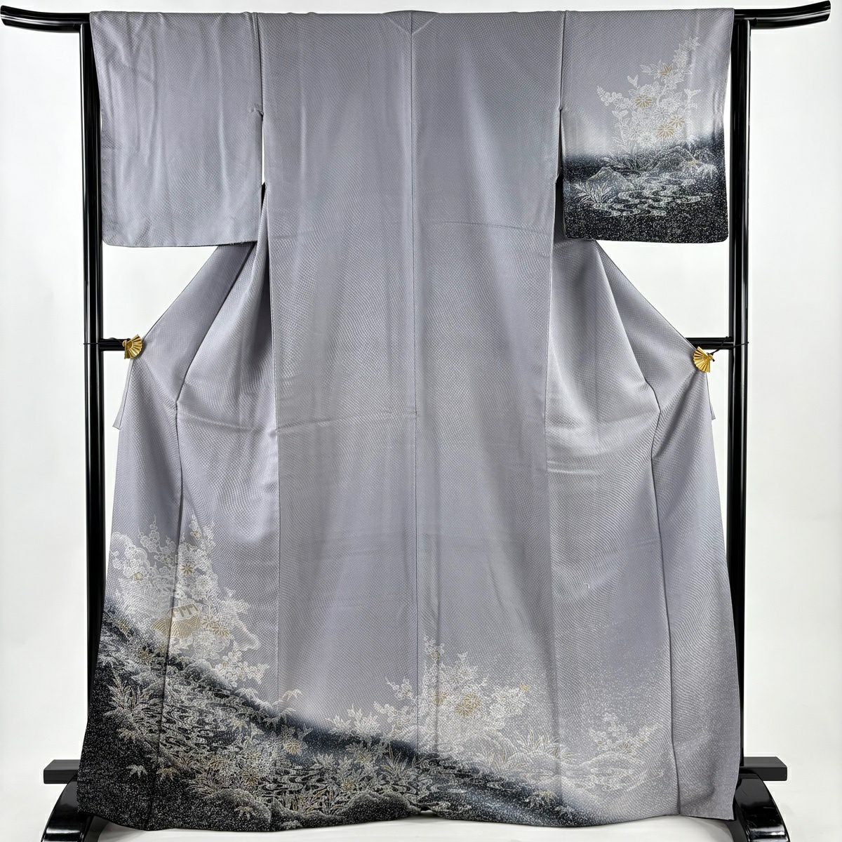 付下 身長171.5cm 袖長65cm M 雙層 家屋 枝梅花 染分 淡化 灰紫 純蠶絲 優品級