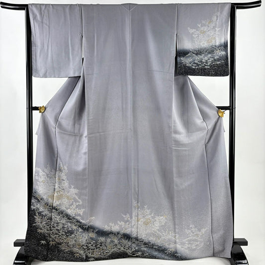 付下 身長171.5cm 袖長65cm M 雙層 家屋 枝梅花 染分 淡化 灰紫 純蠶絲 優品級
