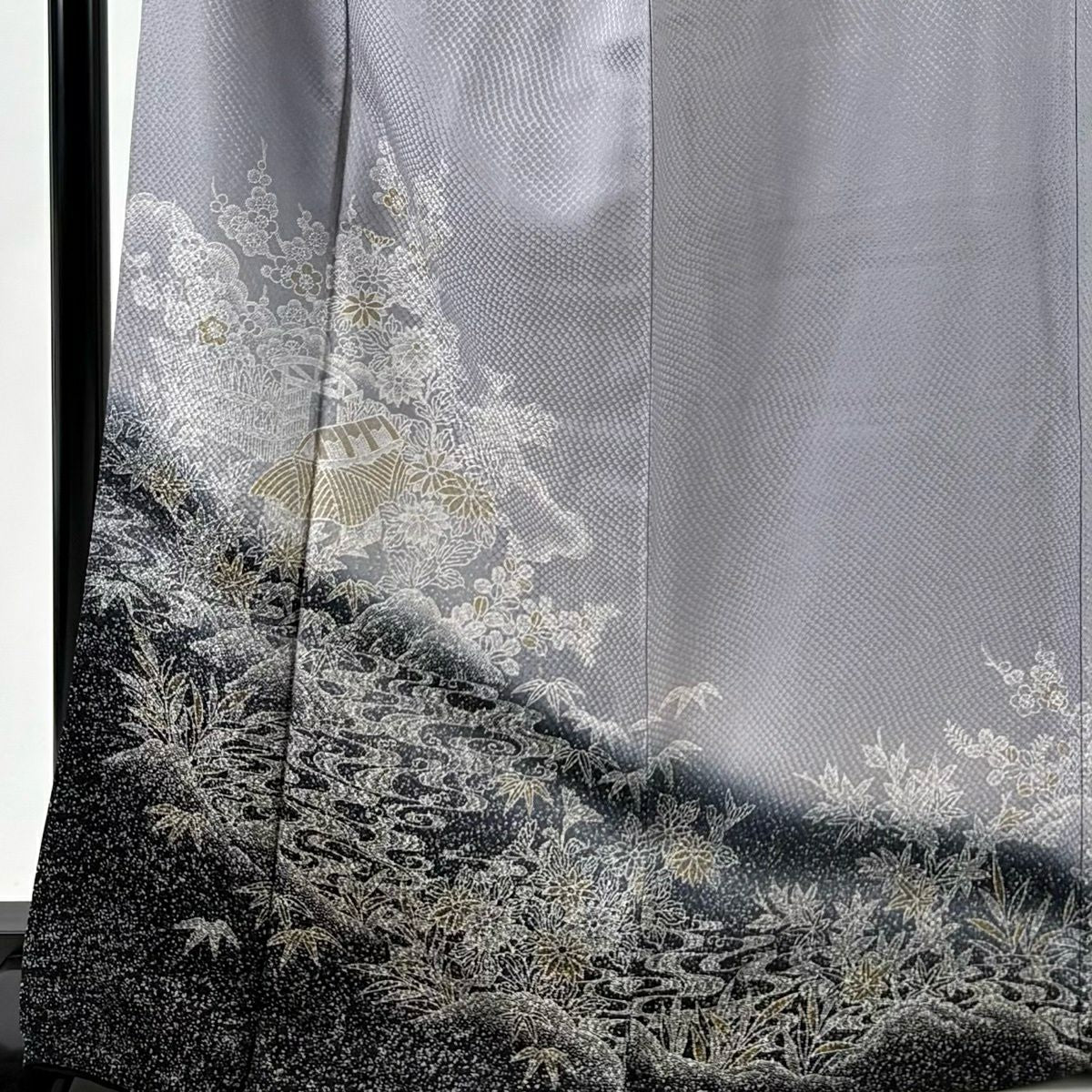 付下 身長171.5cm 袖長65cm M 雙層 家屋 枝梅花 染分 淡化 灰紫 純蠶絲 優品級