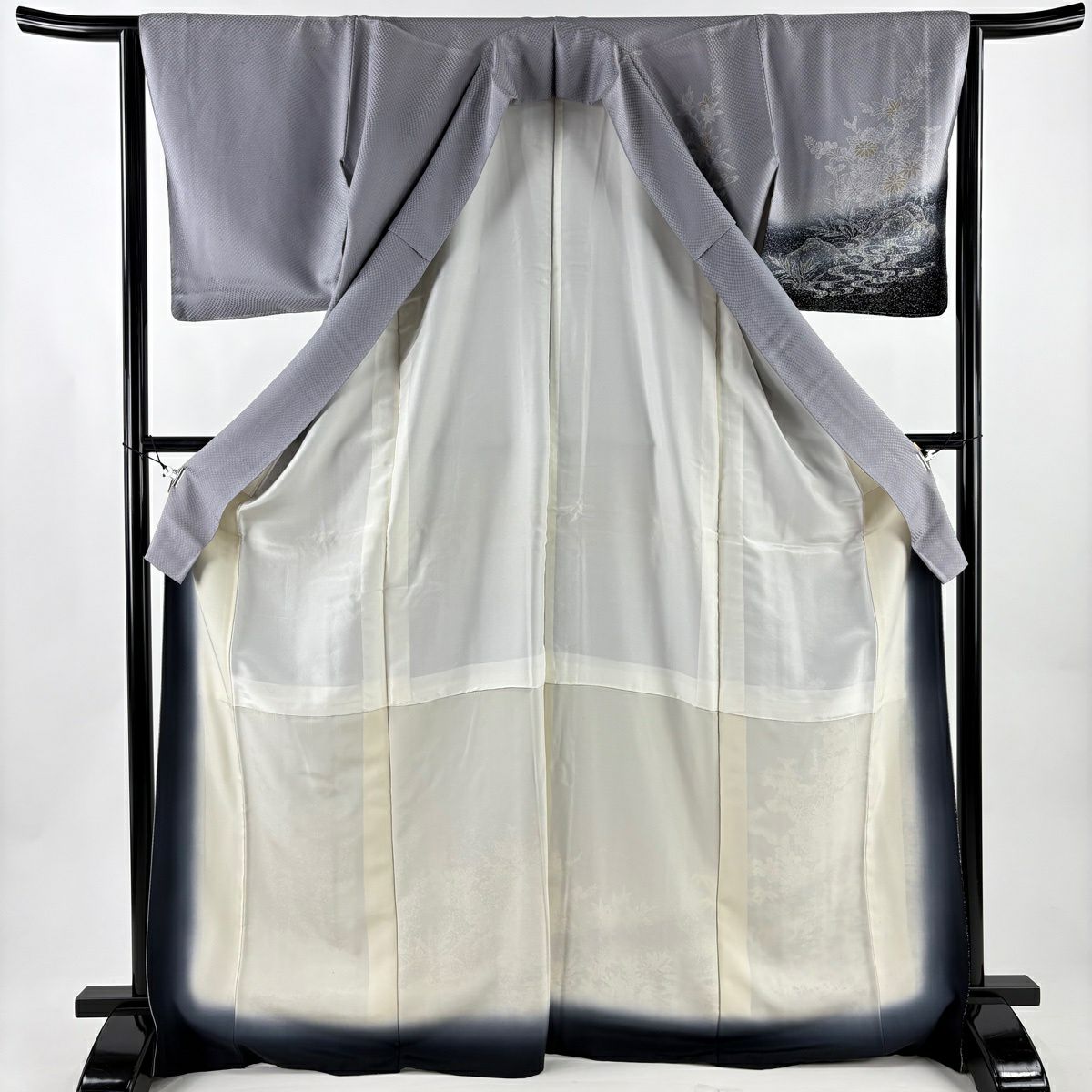 付下 身長171.5cm 袖長65cm M 雙層 家屋 枝梅花 染分 淡化 灰紫 純蠶絲 優品級