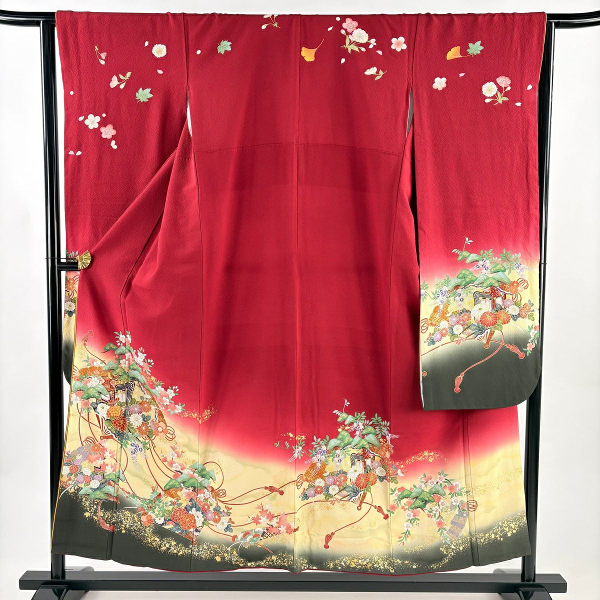 振袖禮服 身長153cm 袖長65cm M 雙層 桧扇子 草花紋紋 刺繡 金彩裝飾 紅 純蠶絲 秀品級