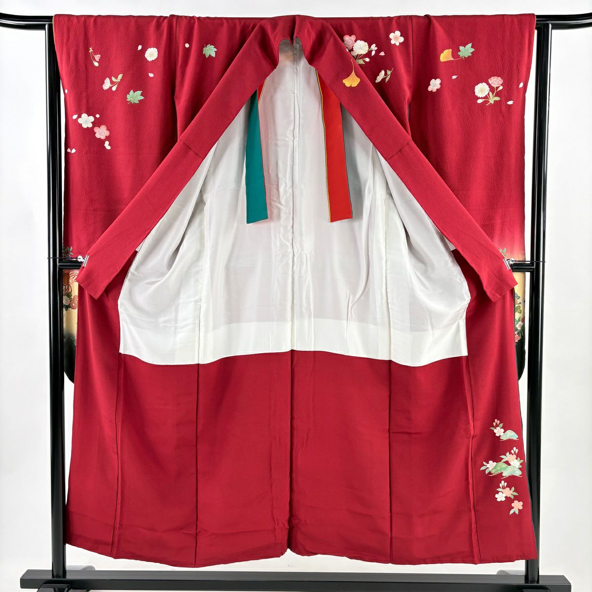 振袖禮服 身長153cm 袖長65cm M 雙層 桧扇子 草花紋紋 刺繡 金彩裝飾 紅 純蠶絲 秀品級
