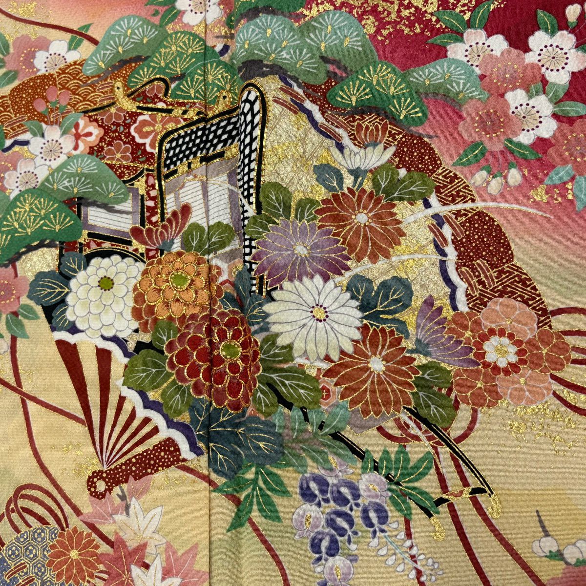 振袖禮服 身長153cm 袖長65cm M 雙層 桧扇子 草花紋紋 刺繡 金彩裝飾 紅 純蠶絲 秀品級