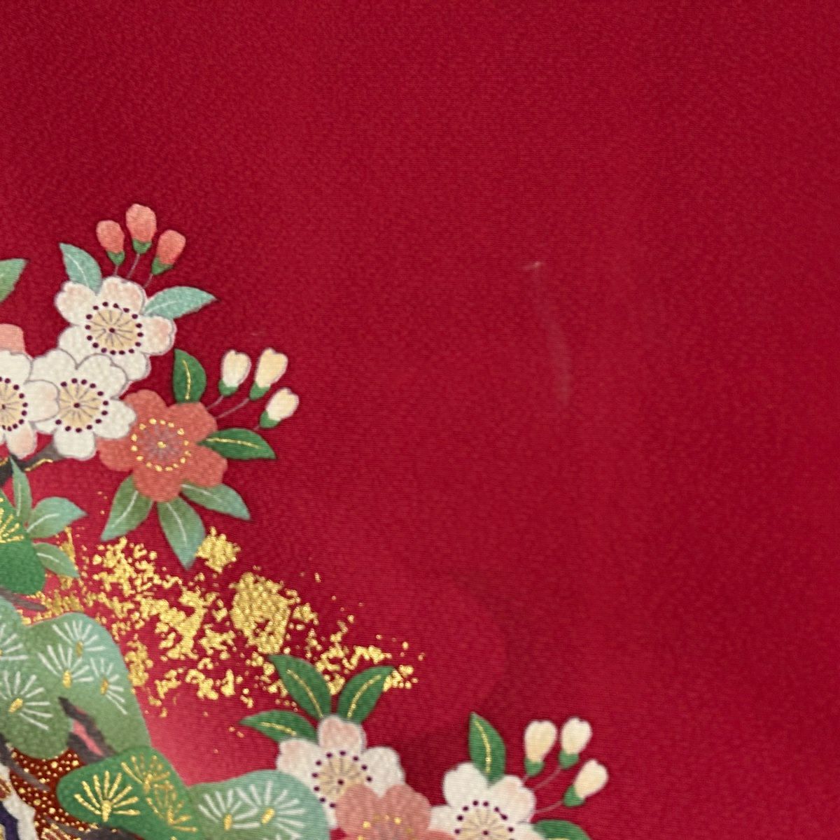 振袖禮服 身長153cm 袖長65cm M 雙層 桧扇子 草花紋紋 刺繡 金彩裝飾 紅 純蠶絲 秀品級