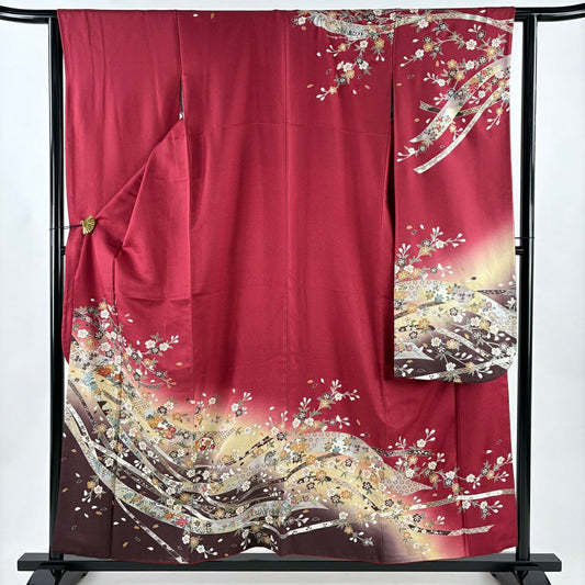 【美品】振袖禮服 身長157cm 袖長62.5cm S 雙層 櫻花 熨斗紋 金絲 金銀彩 深粉色 純蠶絲 優品級