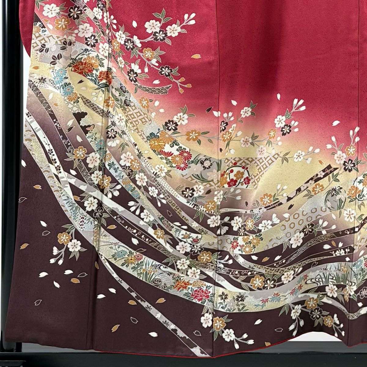 【美品】振袖禮服 身長157cm 袖長62.5cm S 雙層 櫻花 熨斗紋 金絲 金銀彩 深粉色 純蠶絲 優品級
