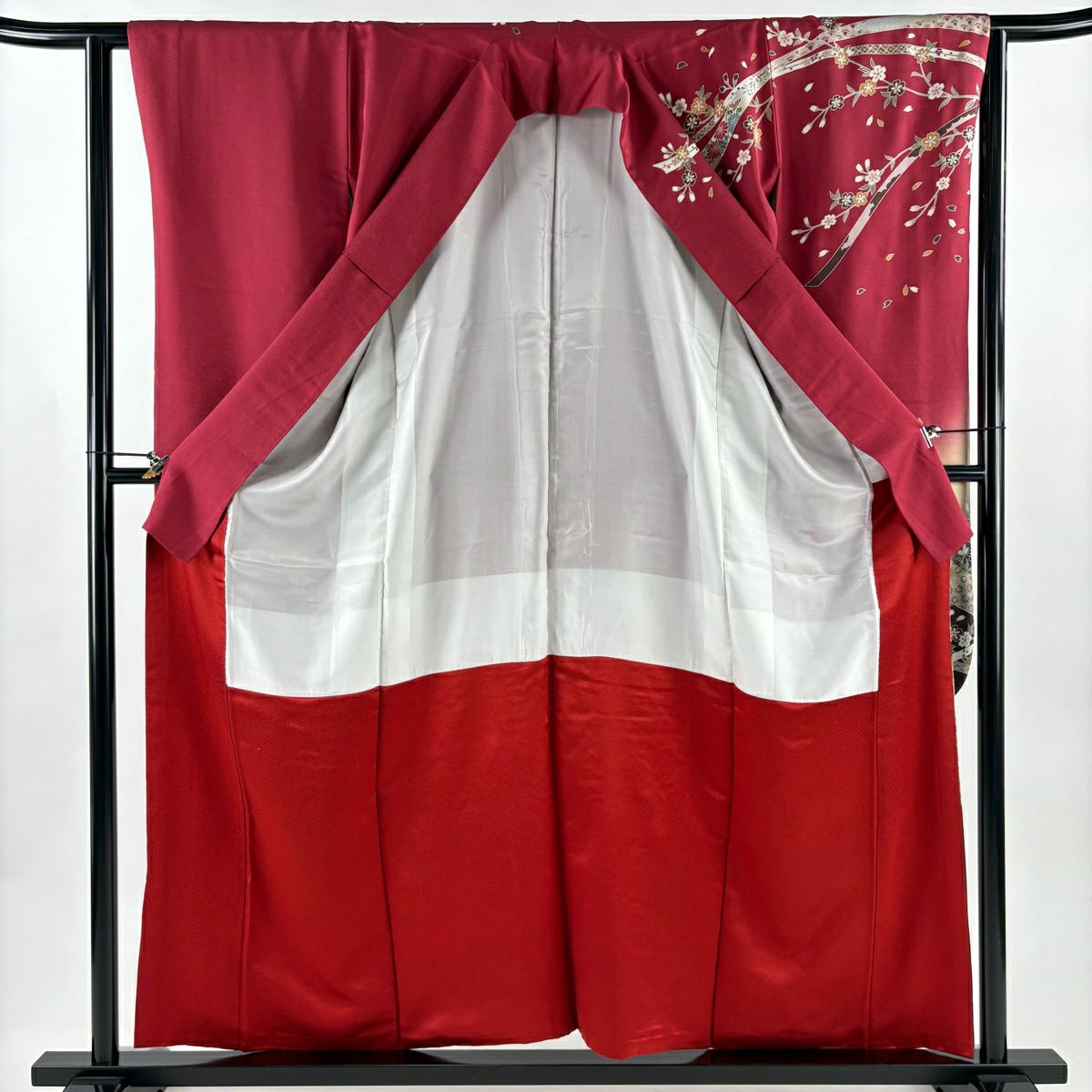 【美品】振袖禮服 身長157cm 袖長62.5cm S 雙層 櫻花 熨斗紋 金絲 金銀彩 深粉色 純蠶絲 優品級