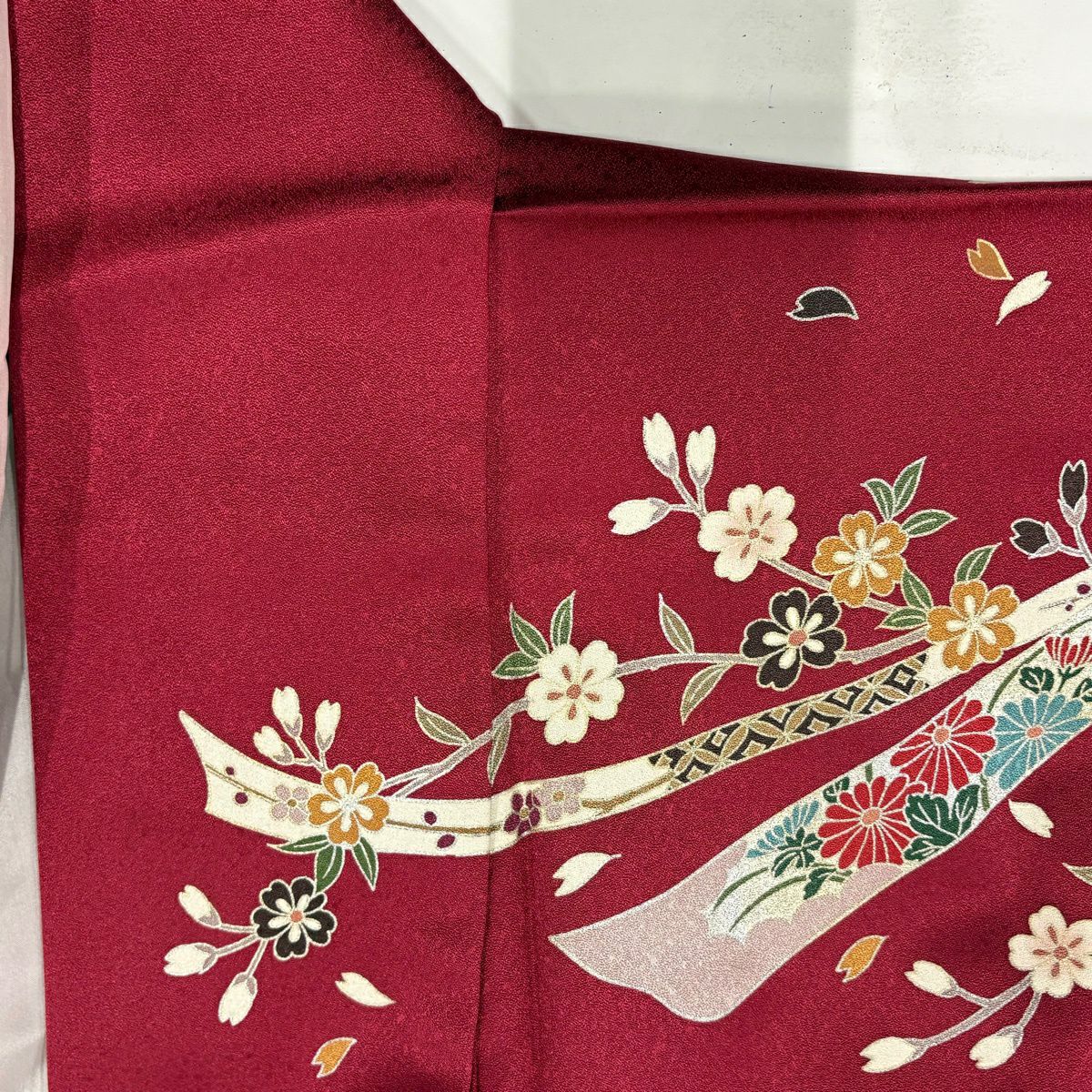 【美品】振袖禮服 身長157cm 袖長62.5cm S 雙層 櫻花 熨斗紋 金絲 金銀彩 深粉色 純蠶絲 優品級