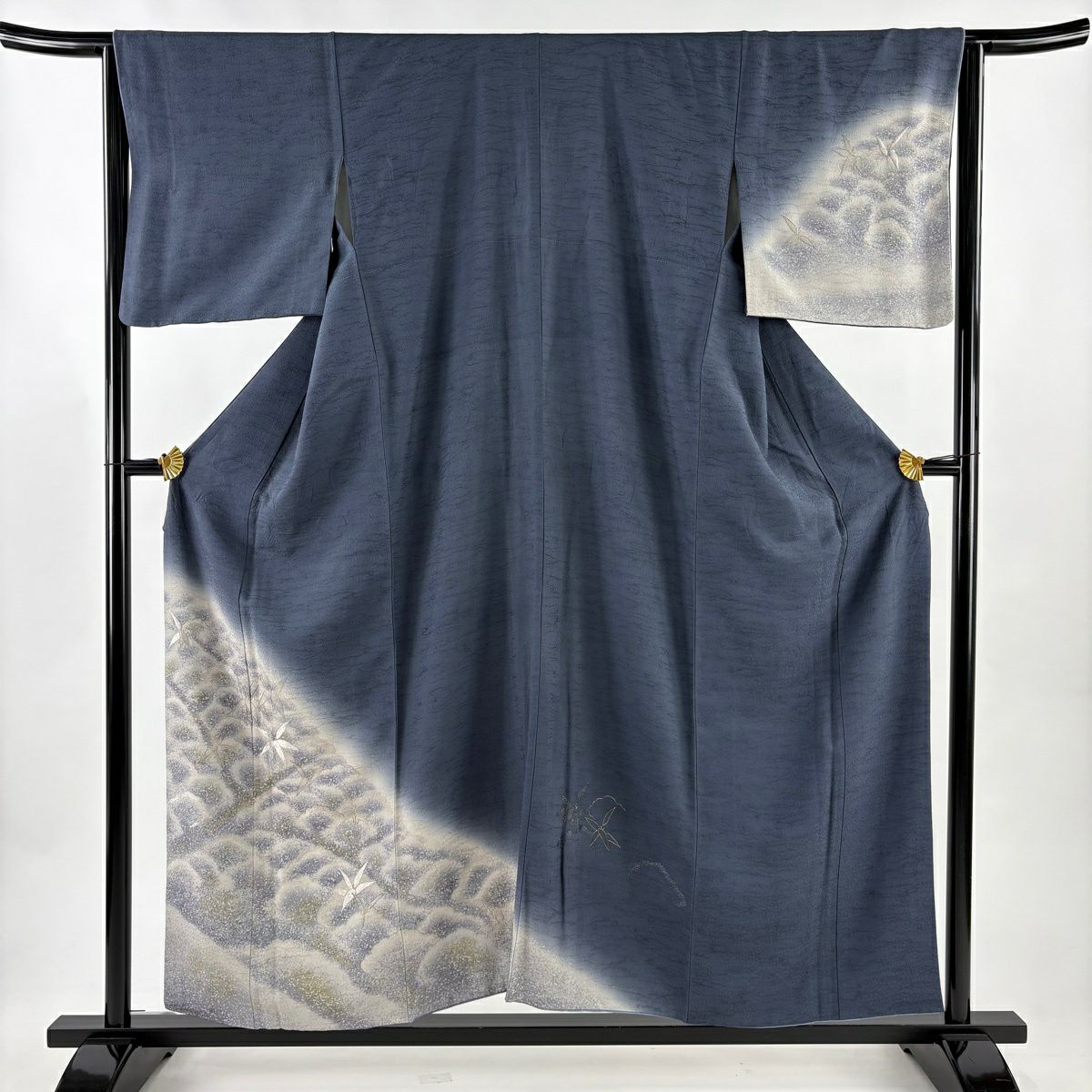 付下 身長154cm 袖長64cm M 雙層 葉紋 雲紋 刺繡 金線 灰 純蠶絲 優品級