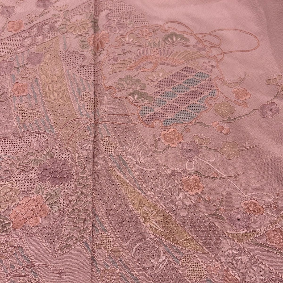 付下 身長158cm 袖長64cm M 雙層 大和 雪輪 幾帳 刺繡 粉紅 純蠶絲 優品級