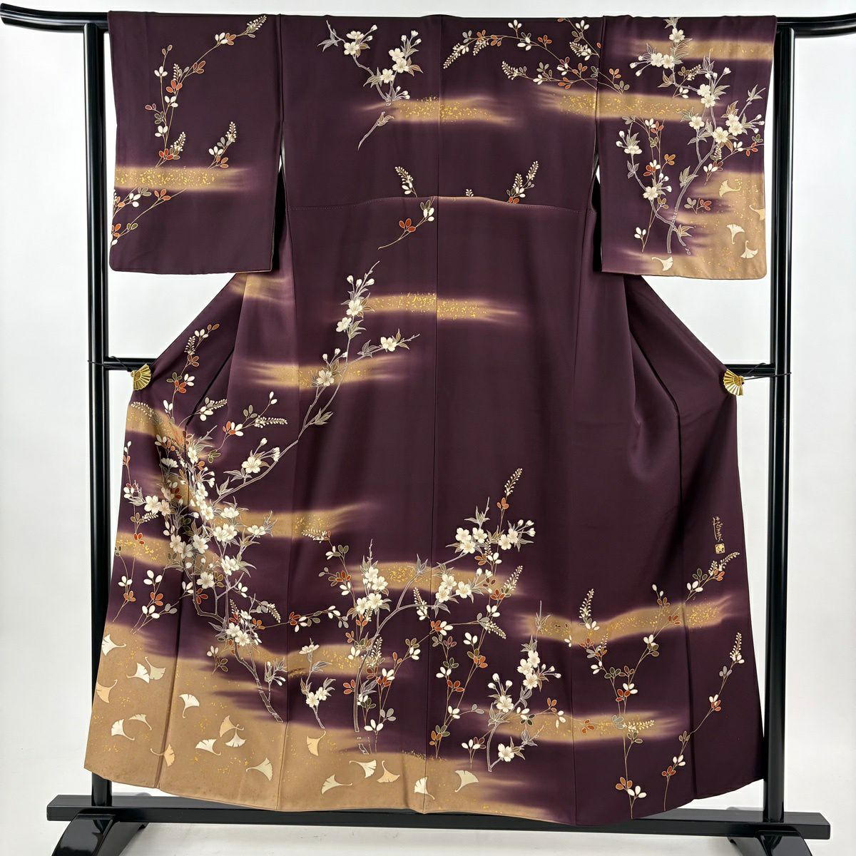 訪問服 身長155.5cm 袖長63.5cm S 雙層 ますいわ屋 落款あり 樱花 霞 金絲 金銀彩 深紫 純蠶絲 優品級