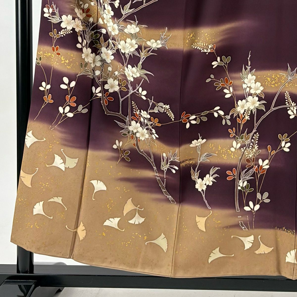 訪問服 身長155.5cm 袖長63.5cm S 雙層 ますいわ屋 落款あり 樱花 霞 金絲 金銀彩 深紫 純蠶絲 優品級