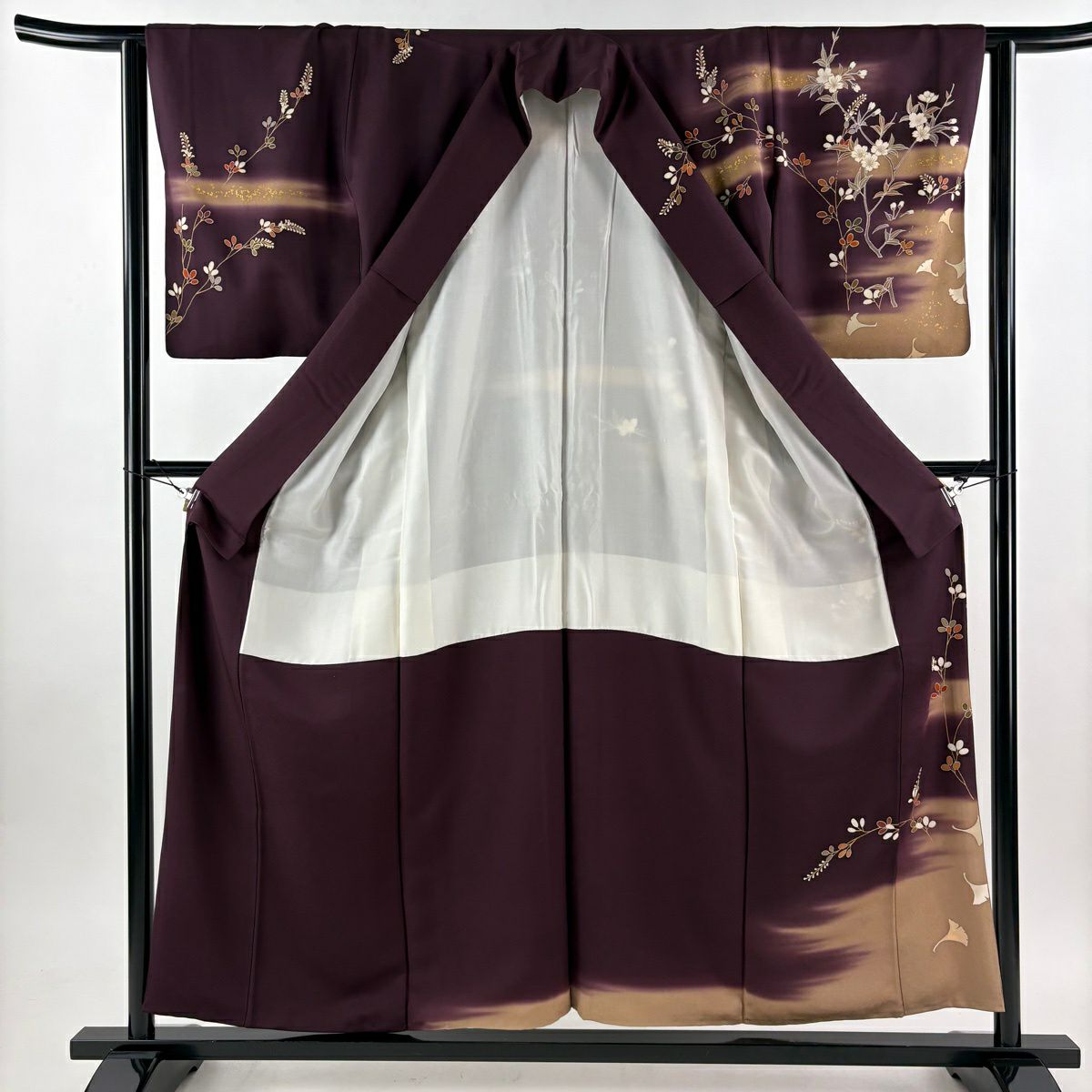訪問服 身長155.5cm 袖長63.5cm S 雙層 ますいわ屋 落款あり 樱花 霞 金絲 金銀彩 深紫 純蠶絲 優品級