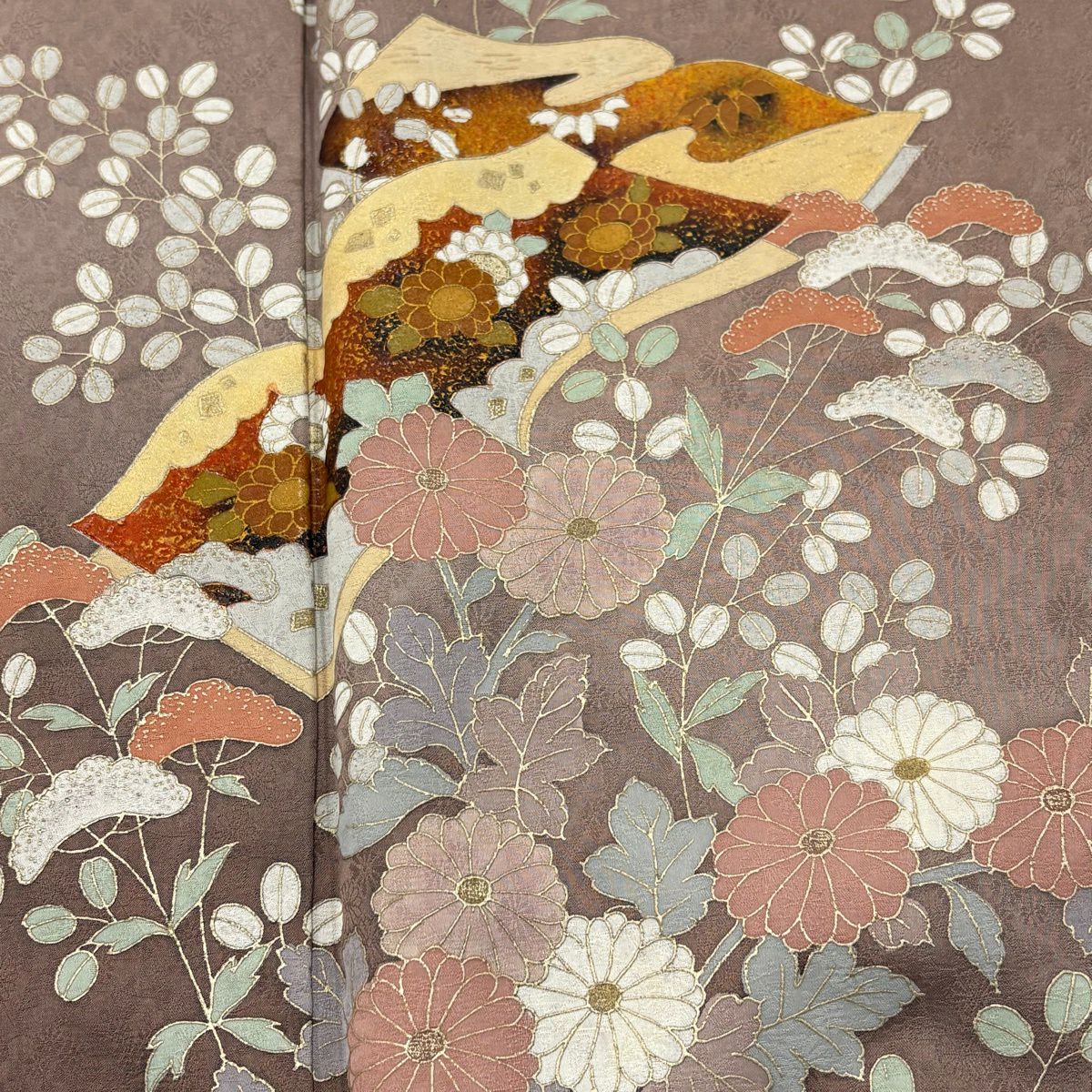 訪問服 身長161.5cm 袖長65.5cm M 雙層 冊子 菊花 金銀彩 漸層 茶紫 純蠶絲 優品級