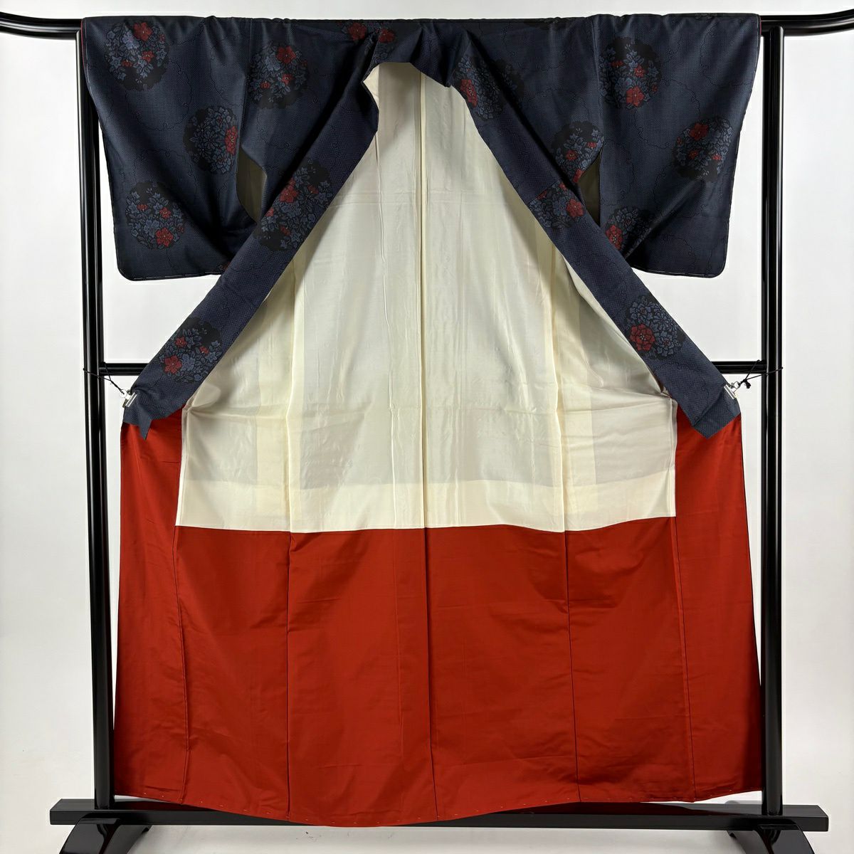 【美品】 大島紬織 身長161cm 袖長63.5cm S 雙層 證書附帶 草花紋紋 雪輪 深藍 純蠶絲 優品級