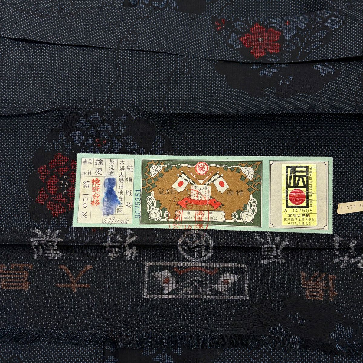 【美品】 大島紬織 身長161cm 袖長63.5cm S 雙層 證書附帶 草花紋紋 雪輪 深藍 純蠶絲 優品級
