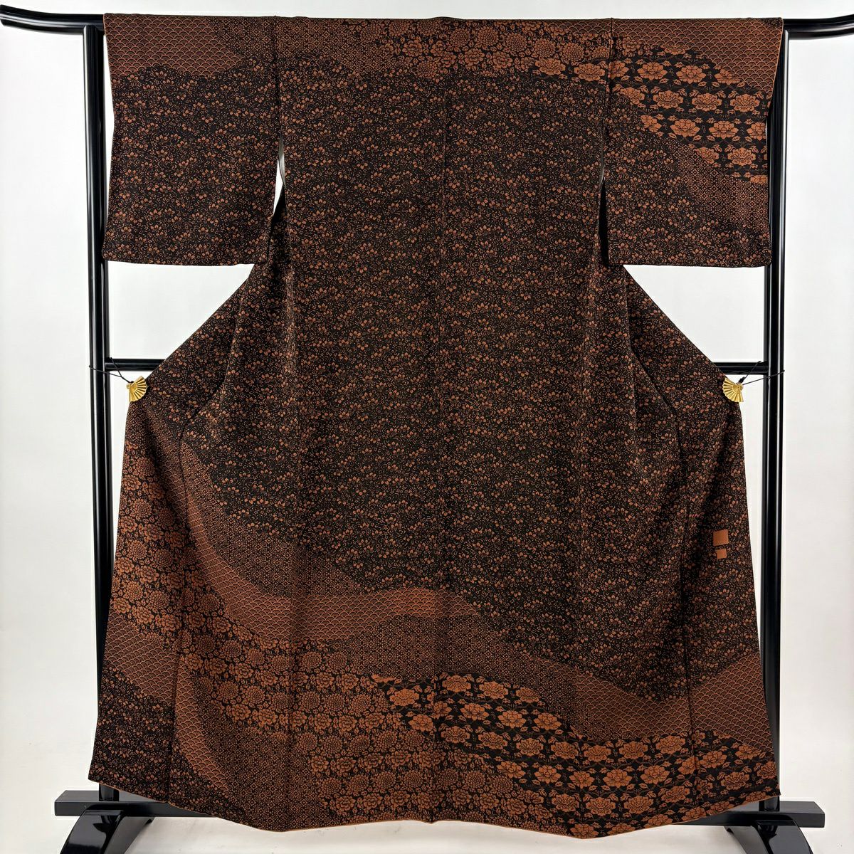 【美品】訪問服 身長159cm 袖長64.5cm M 雙層 草花紋紋 青海波 黑 純蠶絲 秀品級