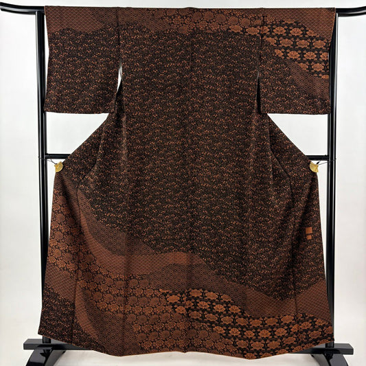 【美品】訪問服 身長159cm 袖長64.5cm M 雙層 草花紋紋 青海波 黑 純蠶絲 秀品級