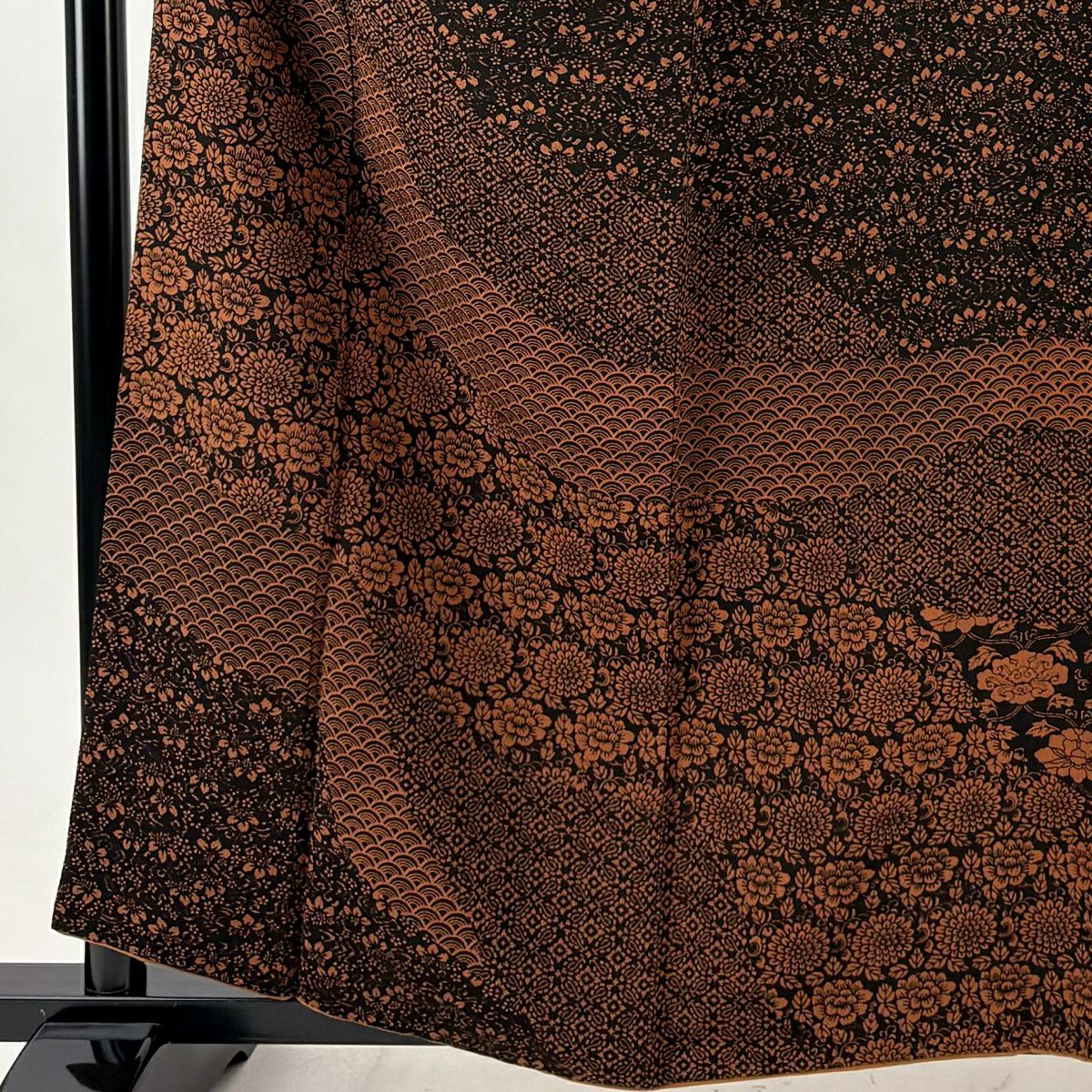 【美品】訪問服 身長159cm 袖長64.5cm M 雙層 草花紋紋 青海波 黑 純蠶絲 秀品級