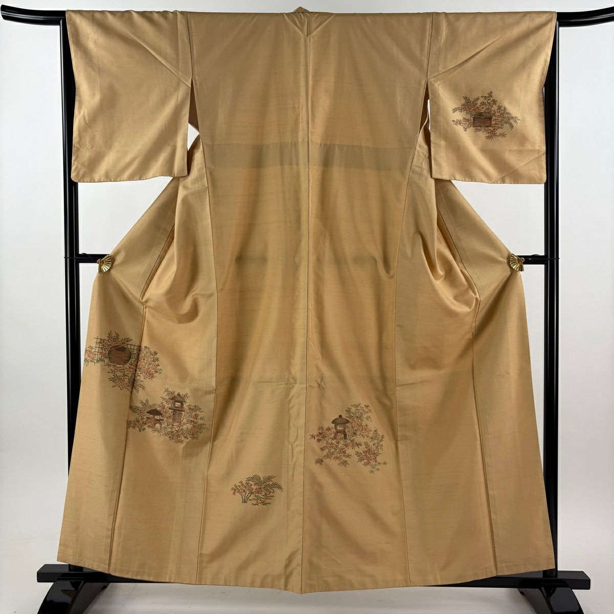 付下 身長158.5cm 袖長64.5cm M 雙層 紬織織 灯籠 葉與果 薄茶 純蠶絲 優品級