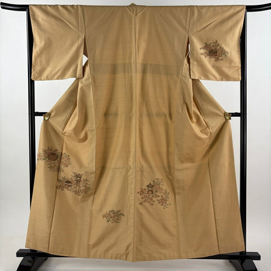 付下 身長158.5cm 袖長64.5cm M 雙層 紬織織 灯籠 葉與果 薄茶 純蠶絲 優品級