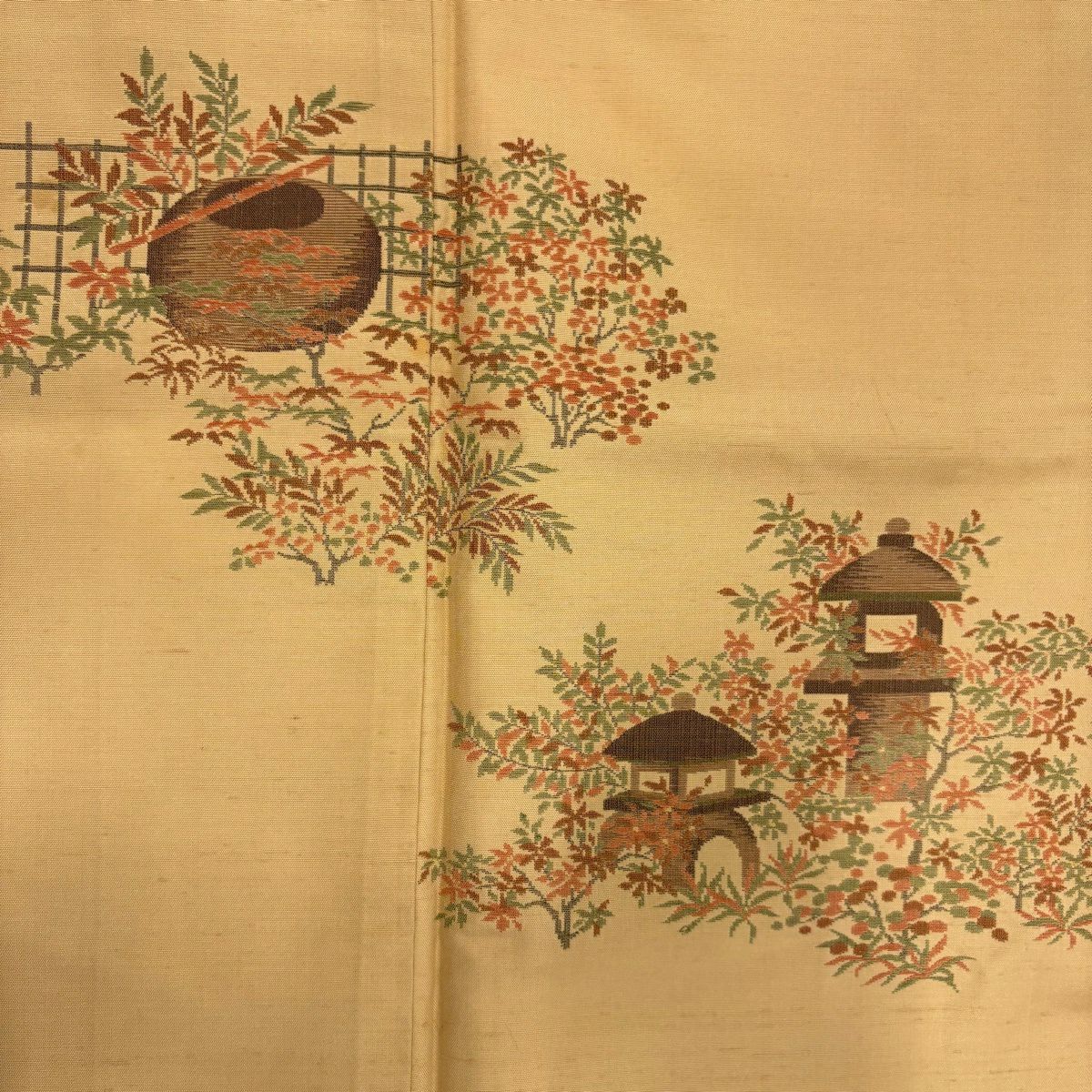 付下 身長158.5cm 袖長64.5cm M 雙層 紬織織 灯籠 葉與果 薄茶 純蠶絲 優品級