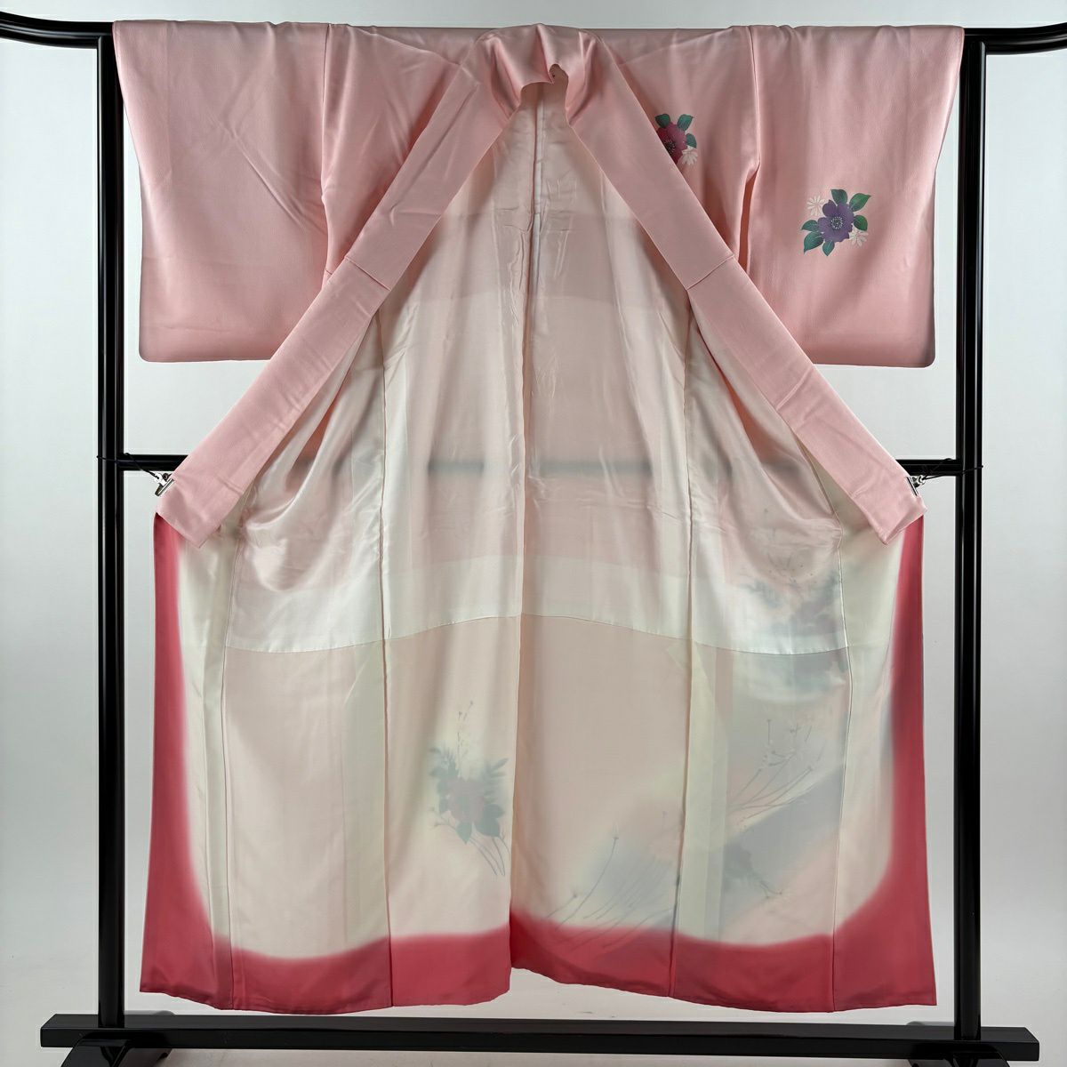 付下 身長154cm 袖長62.5cm S 雙層 草花紋紋 漸層 粉紅 純蠶絲 優品級