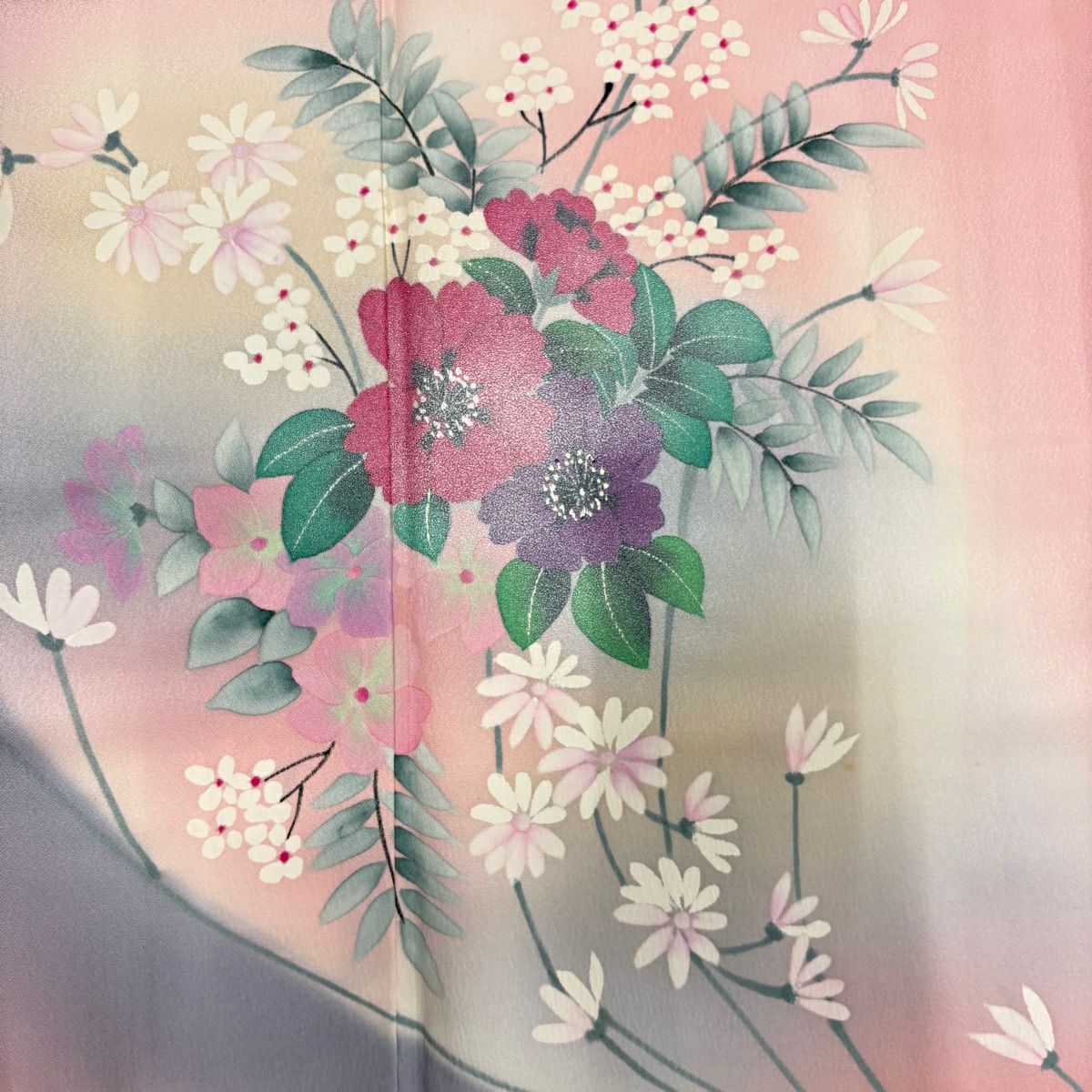 付下 身長154cm 袖長62.5cm S 雙層 草花紋紋 漸層 粉紅 純蠶絲 優品級
