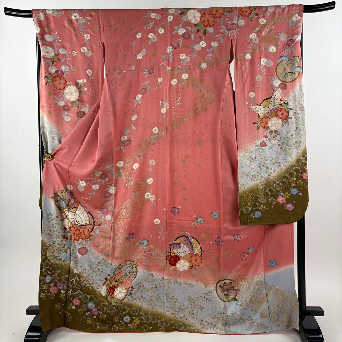 振袖禮服 身長166.5cm 袖長67.5cm L 雙層 蝶 梅花 金絲 金銀彩 粉紅 純蠶絲 優品級