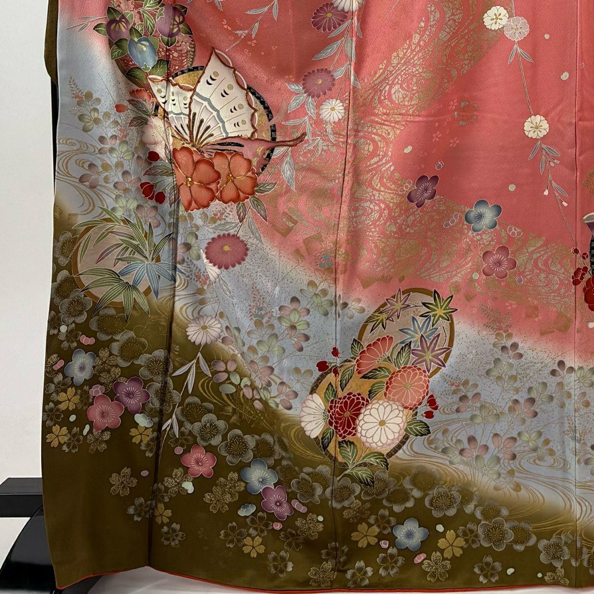 振袖禮服 身長166.5cm 袖長67.5cm L 雙層 蝶 梅花 金絲 金銀彩 粉紅 純蠶絲 優品級