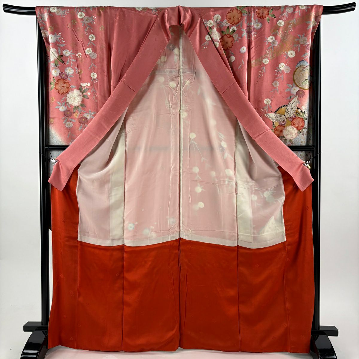振袖禮服 身長166.5cm 袖長67.5cm L 雙層 蝶 梅花 金絲 金銀彩 粉紅 純蠶絲 優品級