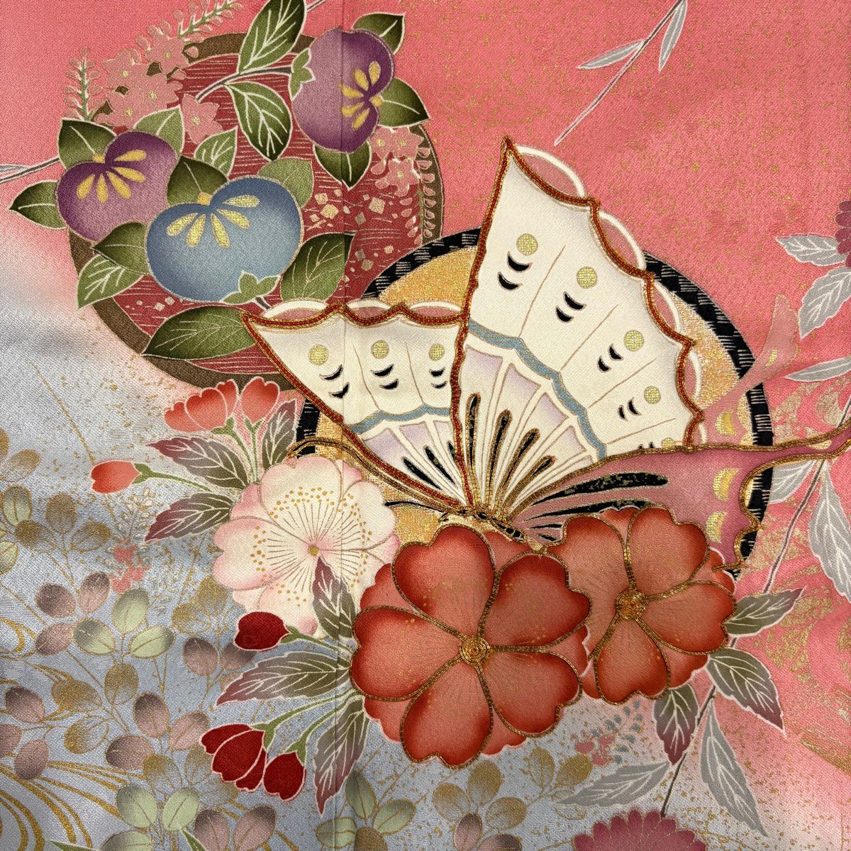 振袖禮服 身長166.5cm 袖長67.5cm L 雙層 蝶 梅花 金絲 金銀彩 粉紅 純蠶絲 優品級