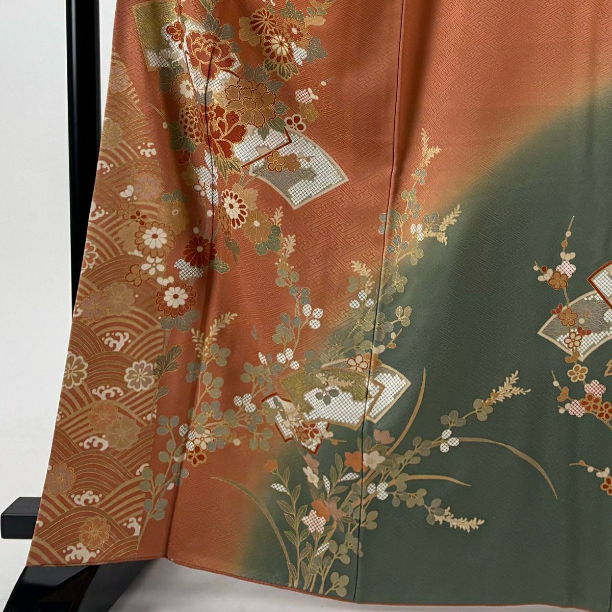 訪問服 身長165cm 袖長66cm M 雙層 扇子面 牡丹 金銀彩 染分 橙色 純蠶絲 秀品級