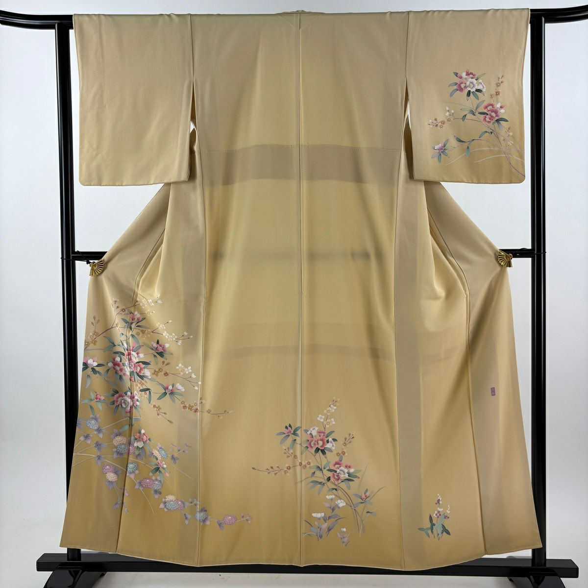 訪問服 身長156cm 袖長62.5cm S 雙層 落款あり 菊花 枝花 漸層 米色 純蠶絲 優品級