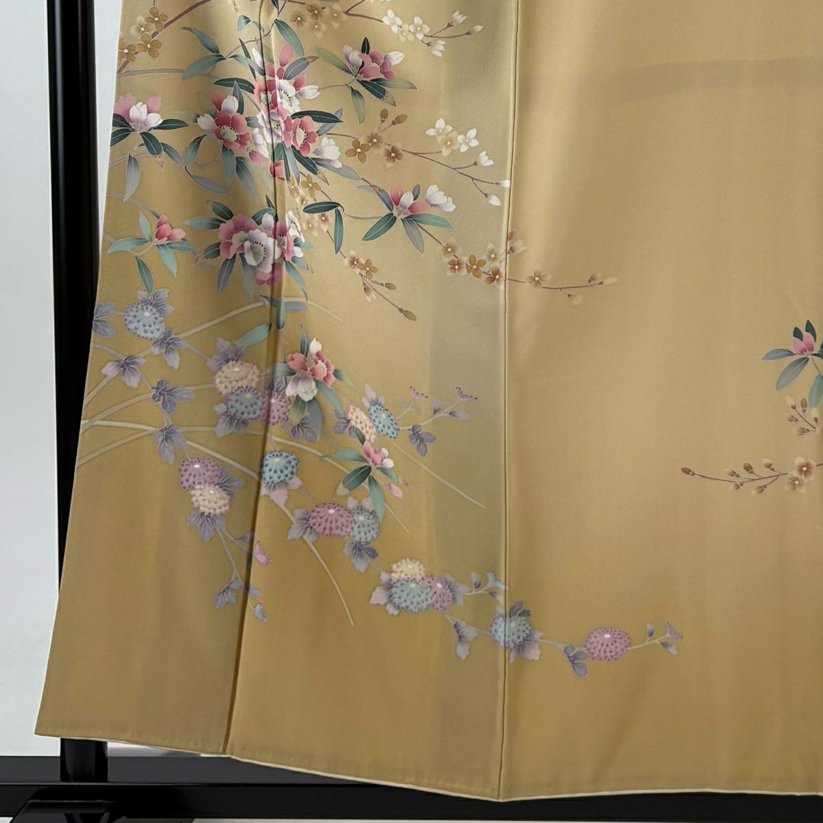 訪問服 身長156cm 袖長62.5cm S 雙層 落款あり 菊花 枝花 漸層 米色 純蠶絲 優品級